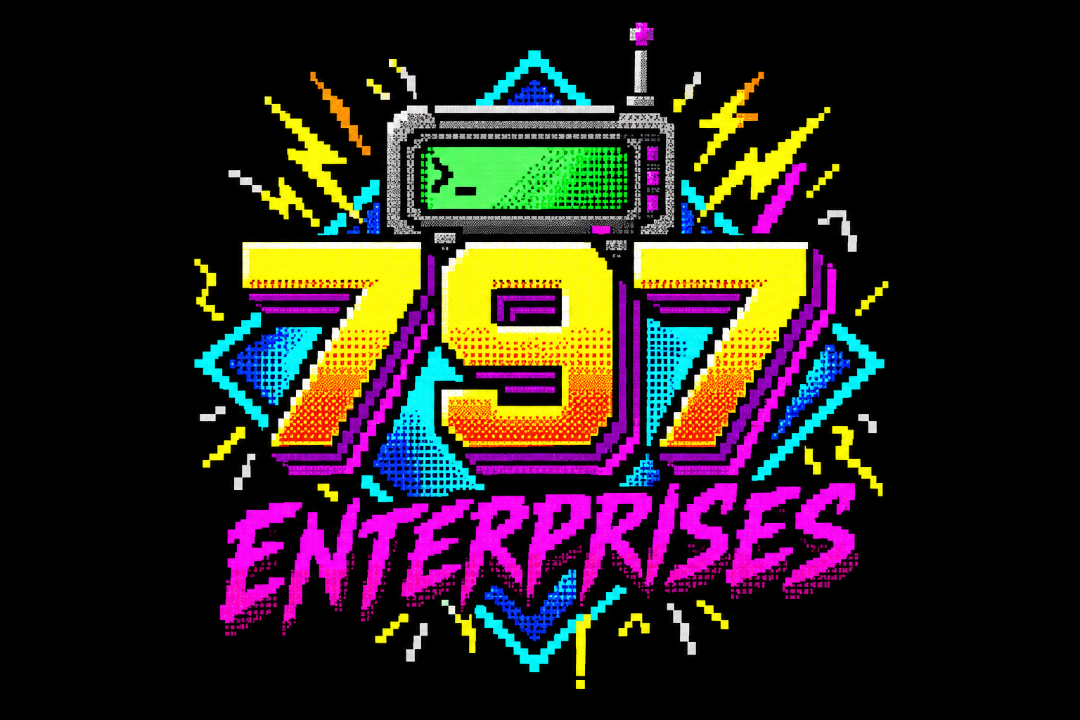 797 Enterprises: a green-screen computer terminal above yellow-orange 797 numerals and magenta ENTERPRISES lettering, rendered in colorful BBS-style block art.
